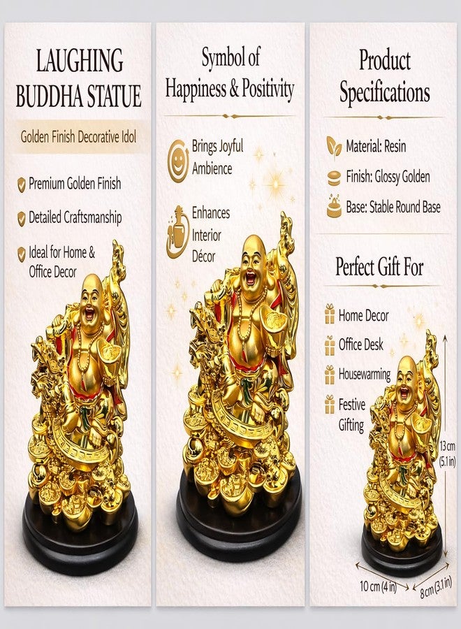 GJ Golden Laughing Buddha with Dragon & Coins Statue | Feng Shui Wealth & Prosperity Idol for Home & Office | Lucky Buddha Showpiece for Vastu Decor & Gift - Image 2